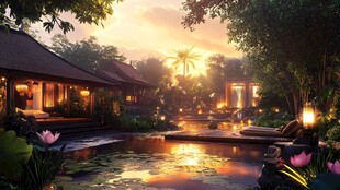 黄昏下的静谧热带庭院