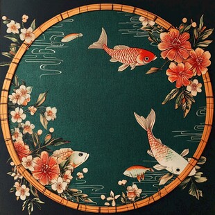 中式圆框锦鲤花卉装饰图