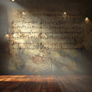 复古音乐墙下的空旷空间