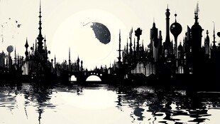 奇幻黑白之城与空中飞艇