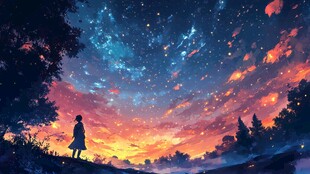 少女仰望绚烂星空夜景