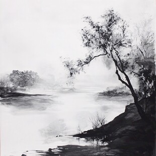 水墨江畔孤树清幽景致