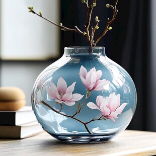 蓝底玉兰花纹玻璃花瓶