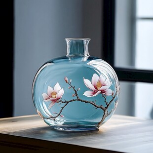 蓝底玉兰花纹玻璃花瓶