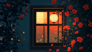 窗边灯笼映繁花夜景