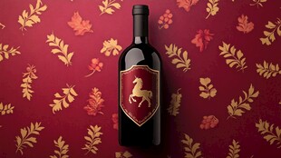 典雅红底金纹背景的红酒瓶