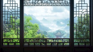 透过中式窗棂赏山水美景