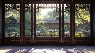 中式窗景 庭院绿意入眼帘