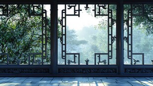 中式窗景 绿意盎然的景致