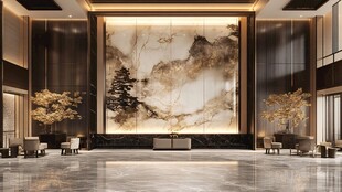 中式豪华大堂山水壁画景观