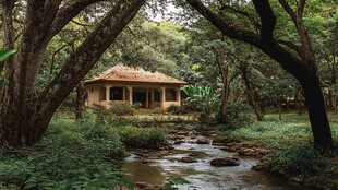 森林中的溪边小屋