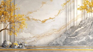 金色山水树影大理石背景墙