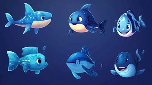 可爱蓝色海洋鱼类插画