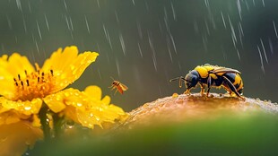 雨中黄花上的甲虫与飞虫