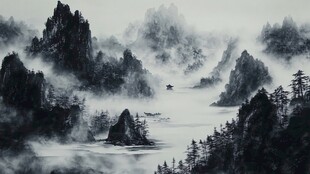水墨山水间 孤舟云雾中
