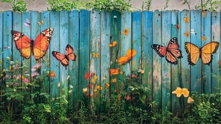 彩绘木栅栏上的斑斓蝴蝶