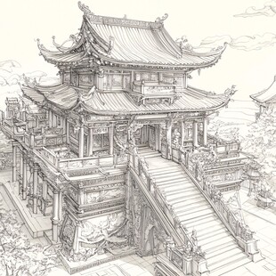中式古建筑手绘精美楼阁
