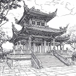 中式古亭手绘图景