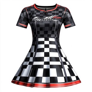 黑白格赛车风时尚连衣裙