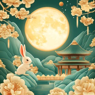玉兔望月赏景中秋美画