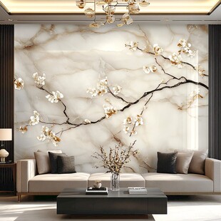 新中式大理石花鸟客厅背景墙