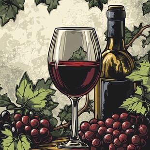 复古风葡萄酒与葡萄插画