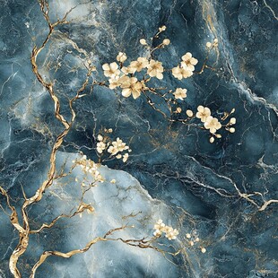 蓝底金枝繁花大理石纹理