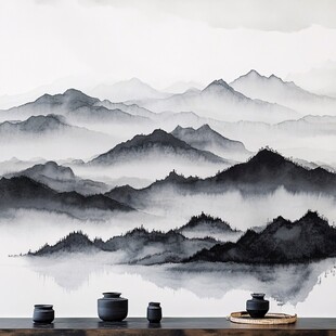 水墨山水间的雅致茶具
