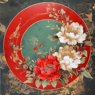 中式圆形牡丹花卉装饰画