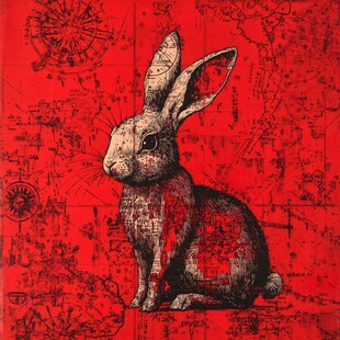 红底地图风的奇幻兔子