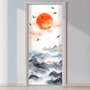 中式山水日出飞鸟门饰图