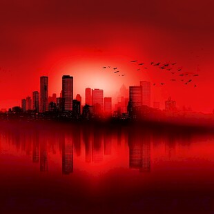 红色都市天际线与飞鸟剪影