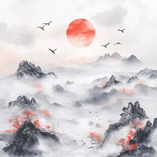 红日映山飞鸟伴云雾景