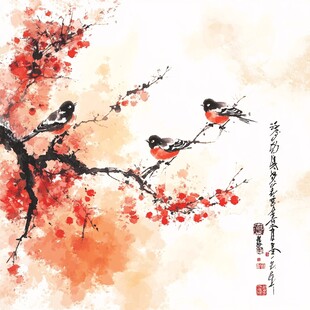 红梅枝头双雀图