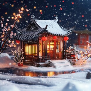 雪夜中式小屋的静谧之美
