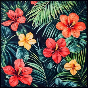 热带花卉与绿叶图案设计