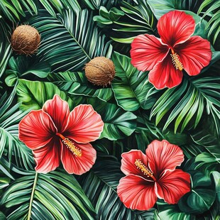 热带花卉与椰子的美丽图景
