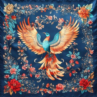凤凰花卉图案精美丝巾
