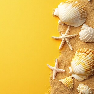 黄色背景上的海星与贝壳