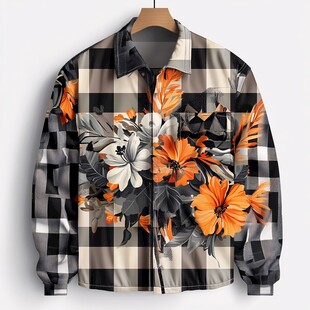 格纹花卉印花长袖衬衫
