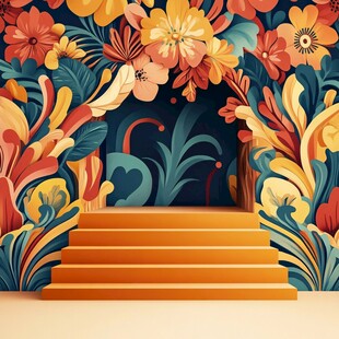梦幻花卉环绕的橙色台阶