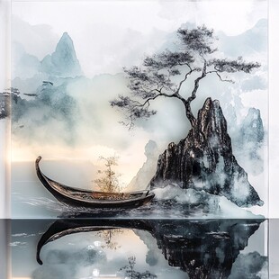 水墨山水孤舟静谧之景
