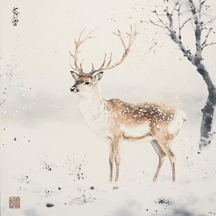 雪中灵鹿图