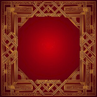 红色背景金色几何边框图案