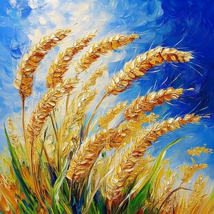 金色麦浪下的蓝天油画