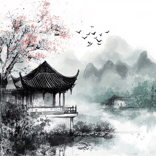 水墨湖畔古亭飞鸟春景图