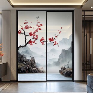 中式山水梅花移门装饰画