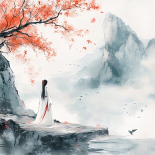 白衣女子立于山水红叶间