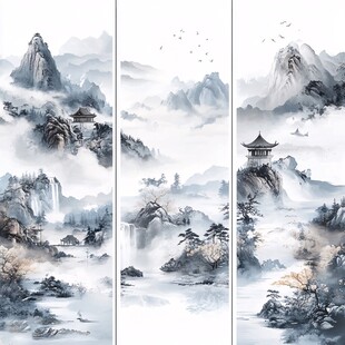 三联水墨山水意境图