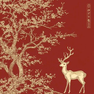 红底金纹鹿与繁花图景
